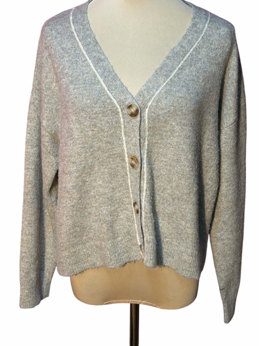 Staccato Light Gray V-Neck Button Front Cardigan Large Sweater